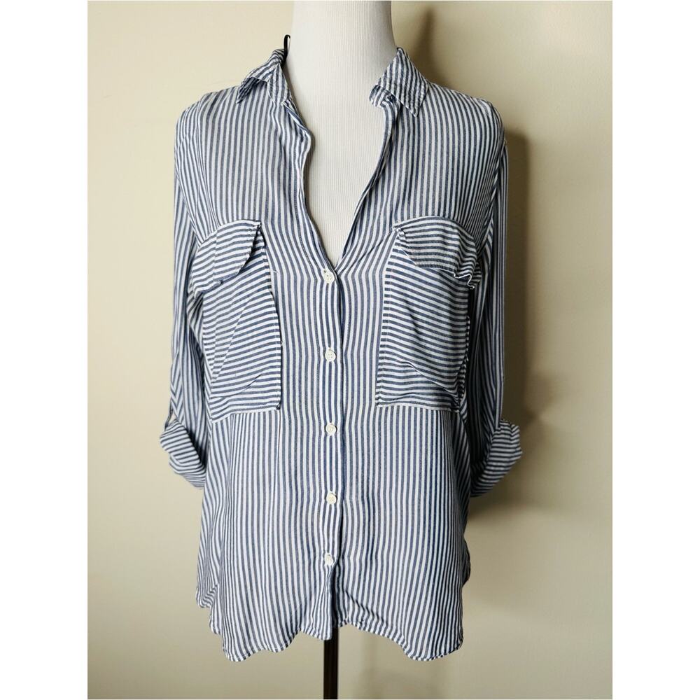 Zara Blue and White Striped Hi Low Button Down Shirt - Picture 2 of 7